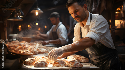 Portrait d'un homme boulanger dans une boulangerie/pâtisserie, fabrication du pain frais le matin