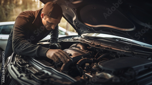 Mécanicien répare moteur voiture, garage automobile, réparation de véhicule, mécano dans un atelier