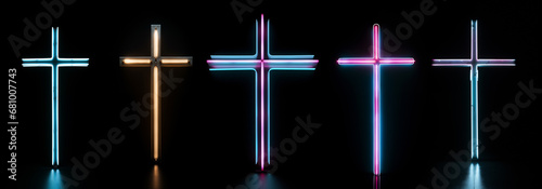 Set of glowing neon cross - crucifix - religious symbol glowing set against a black background (Can also be used as a glowing letter T from the alphabet) 