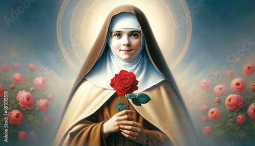 Painting of Saint Thérèse of Lisieux capturing her in her Carmelite nun's habit with a red rose, surrounded by a peaceful, spiritual background.