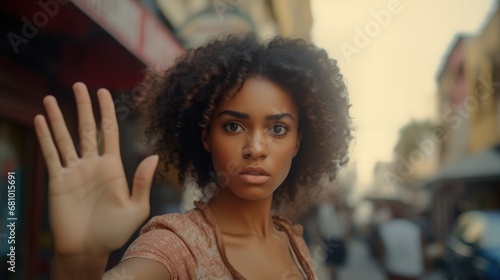 Black woman with continuous hand making stop sign. Generative AI