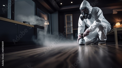 Pest control service guy sprays poisonous gas on the floor of contemporary apartment in a mask and a white protective suit