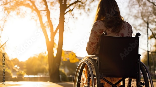 handicapped woman sitting in a wheelchair - backview