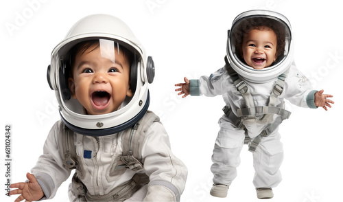 cute happy hispanic baby toddler kid dressed like an astronaut on transparent background