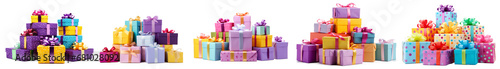 Pile of Colorful birthday gift boxes isolated on transparent background. set of birthday gifts