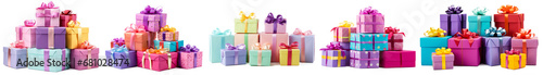 Pile of Colorful birthday gift boxes isolated on transparent background. set of birthday gifts