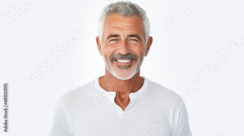 Portrait of smiling mature man standing on white background, ai technology