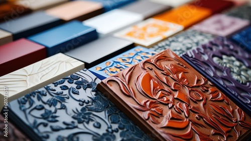 Closeup of colorful ceramic tiles in a shop window.
