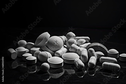 Pills and capsule on black background. Black and white tone in the dark backdrop.