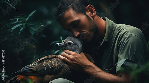 Wildlife Protector, A Kind-hearted Person Dedicated to Caring for, Preserving, and Protecting Animals, Tenderly Helping an Injured Creature in the Heart of Nature's Safe Haven