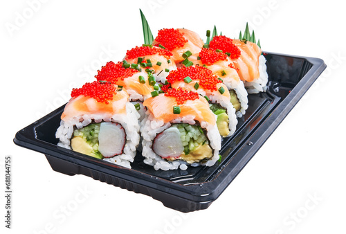  Delivery tray of delicious salmon uramaki rolls over isolated white background