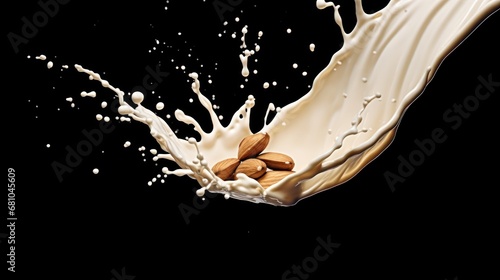 Almond milk splash isolated on black background, clipping path included. Vegan Food Concept. Healthy Food.