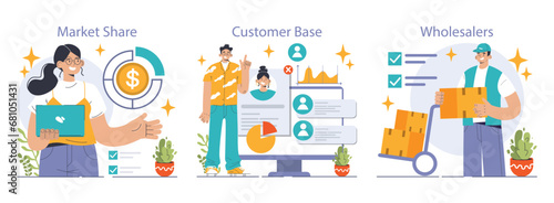 Mass market set. Mass production economics. Targeted audience and market segmentation. Efficiency of production process, distribution, marketing and sales. Flat vector illustration