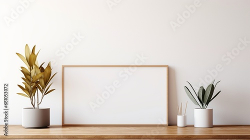 A clean, white frame on a wall with a glimpse of a modern living room a?" plain walls, wooden floor, and a glimpse of a potted plant.