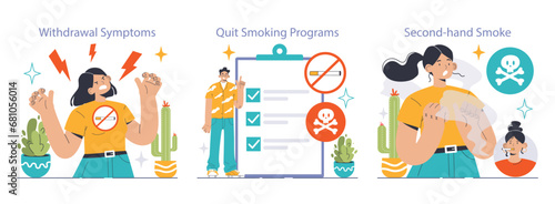 Smoking cessation set. Woman faces withdrawal symptoms, man explores quit smoking programs, dangers of second-hand smoke revealed. Healthier choices, awareness raised. vector illustration