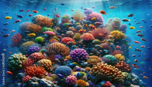 A vibrant coral reef with a variety of colorful fish swimming around, showcasing the beauty of underwater life in a photorealistic style.