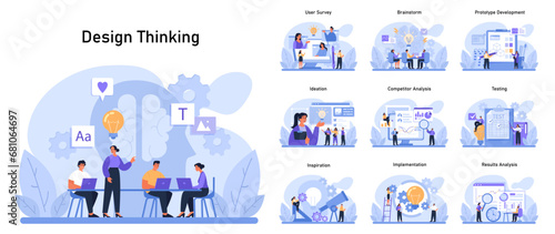 Design Thinking set. Stages of innovative solution finding from user surveys to results analysis. Collaborative brainstorming, ideation, and testing processes. Flat vector illustration