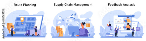 Supply Chain Efficiency set. Strategic logistics from route planning, through real-time tracking in supply chain management, to precise feedback analysis. Flat vector illustration
