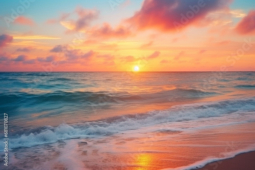 breathtaking beauty of sunrise on horizon, embodying soft colors, endless expanse of ocean, and profound connection between earth and sky