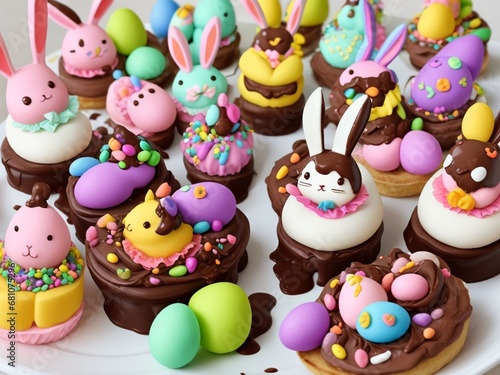 chocolate easter bunny, easter, egg, eggs, food, holiday, spring, decoration, celebration, pink, candy, color, colorful, sweet, traditional, green, season, symbol, yellow, closeup, nobody, chocolate, 