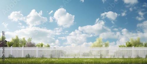 Partial opening on each side of a white picket fence Copy space image Place for adding text or design