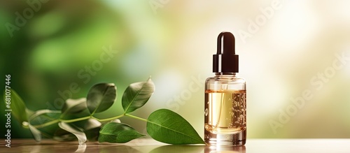 Organic spa product with dropper bottle in front of water drops and leaves on beige background Copy space image Place for adding text or design