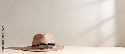 Photo shoot accessories for social media picture hat sunglasses softbox speedlight strobe white umbrella textured wall backdrop Copy space image Place for adding text or design
