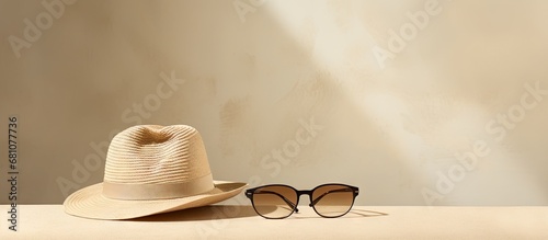 Photo shoot accessories for social media picture hat sunglasses softbox speedlight strobe white umbrella textured wall backdrop Copy space image Place for adding text or design