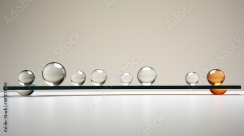  a row of glass balls sitting on top of a glass shelf next to an orange and white ball on top of a black and white glass shelf next to a white wall.