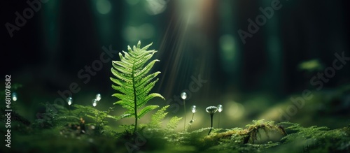 Searching for a magical fern flower during Latvia s dark forest Summer Solstice Copy space image Place for adding text or design