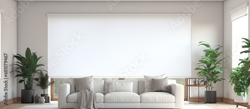 Smart home with motorized curtains roller blinds white roller shades on living room windows along with a sofa and houseplant Copy space image Place for adding text or design