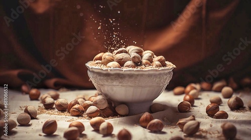 Whole hazelnuts in a bowl and scattered on the table