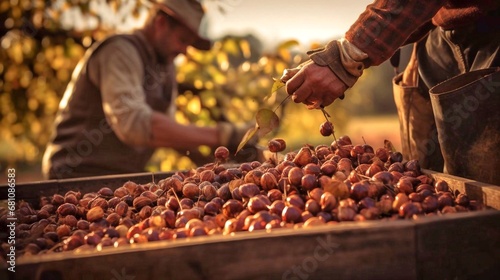 Farmers harvested hazelnuts on the farm in autumn, harvest time