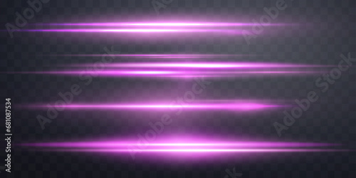 Pink horizontal lensflare. Light flash with rays spotlight. Pink glow flare light effect. Vector illustration. Isolated on dark transparent background.