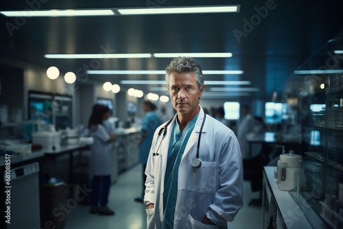 portrait of a doctor in a white coat against the background of a hospital