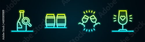 Set line Bottle of wine, Wooden barrel for, Wine tasting, degustation and glass. Glowing neon icon. Vector
