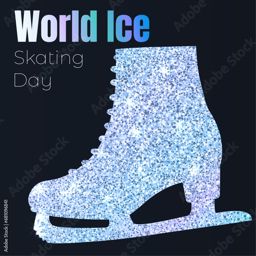 World Ice Skating Day illustration. Cartoon vector illustration of shiny sparkly white ice skate on dark background