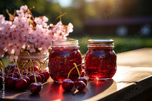 Cherry jam on the table