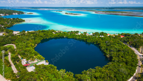 Aerial view of cenote in Bacalar Mexico travel holiday destination