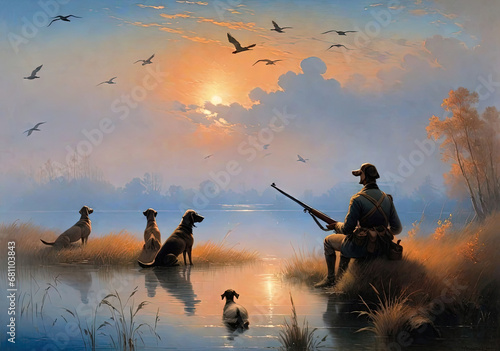 A person hunts ducks with a dog