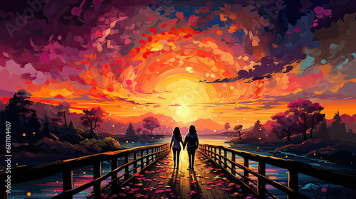 zakochana para na pomoście trzymająca się za rękę idących w śród zachodu słońca,