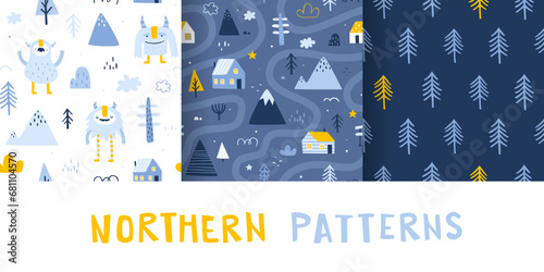 Set of scandinavian winter pattern with cute yeti. Seamless nordic vector print collection for kids textile.