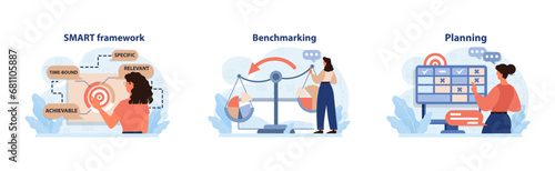 Business strategies set. Dive into SMART goals analyze with benchmarking tools, map out with clear planning. Women strategizing success. Goals, comparison, organization. Flat vector illustration