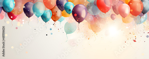 Design for a birthday card or invitation with a background of balloons and confetti,