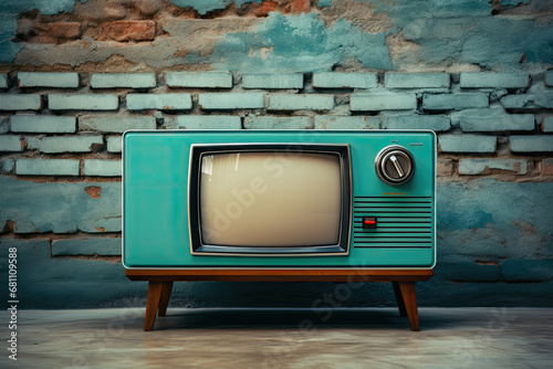 stary telewizor z kineskopem ii szklanym ekranem na starej szawce przed starą ścianą z cegły i z obdartym tynkiem z prl u prlu prl-u