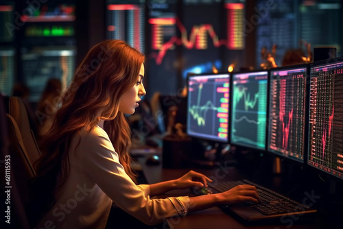 Business woman analyzing finances, analyzing data on trading screen