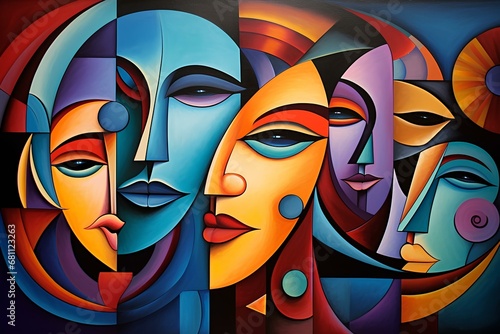 A lot of abstract faces are painted on a colorful background, in the style of modernist illustrations, a flat composition, a multi-layered composition.