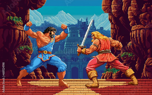 8bit Pixel Darstellung alter Computerspiele. Kämpfer, Helden und Monster