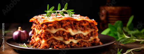 A piece of lasagna on a plate. Generative AI,