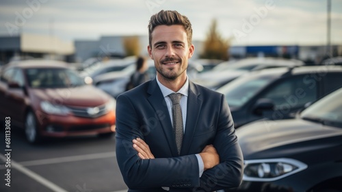 Portrait, smile and a man arms crossed at a dealership for car sale in a commercial parking lot.
